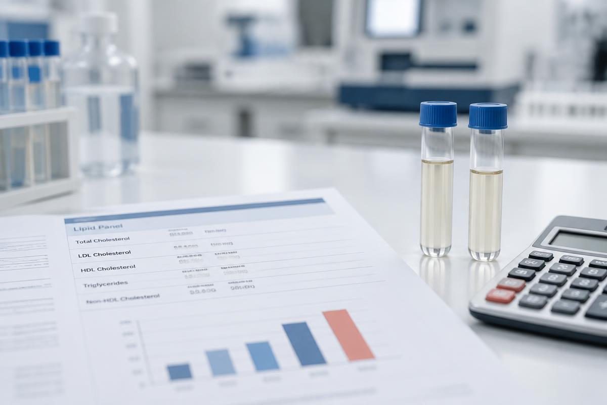 Informe de perfil lipídico junto a una calculadora y tubos con suero