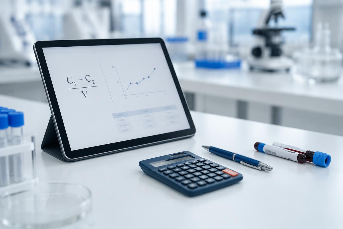 Tableta con una fórmula y una gráfica junto a una calculadora y tubos de sangre