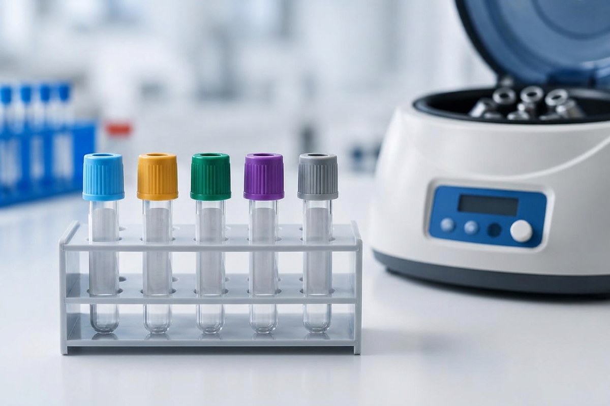Tubos de extracción de distintos colores ordenados en fila junto a una centrífuga