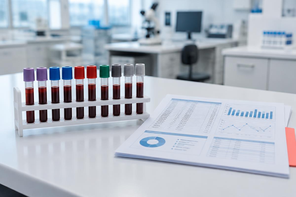 Tubos de extracción en un soporte junto a un informe de laboratorio impreso